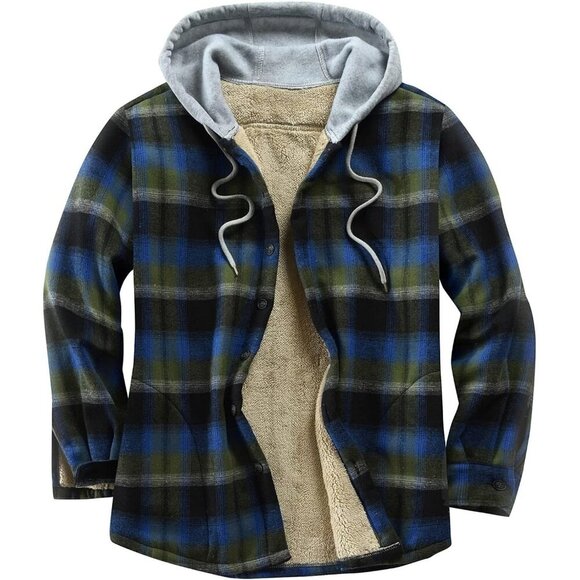 Men's Black Blue Cotton Plaid Fleece Lined Flannel Shirts Button Down Jackets